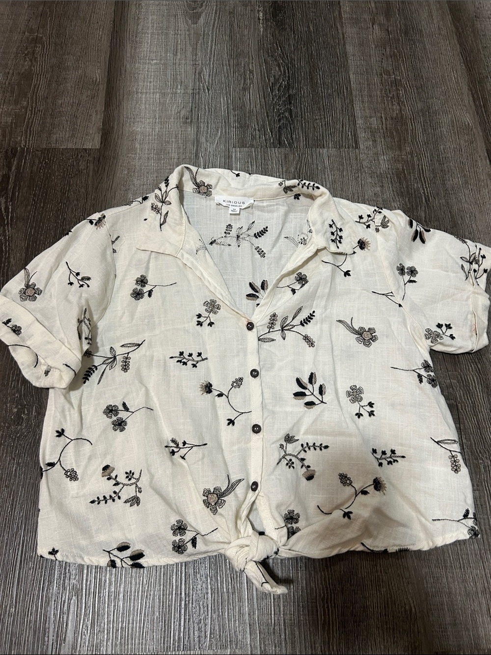 a new day Cream Button-Front Floral Tie Hem Shirt